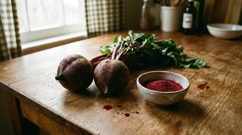 Two whole beets with their leaves beside a small dish of deep red beet powder on a wooden table